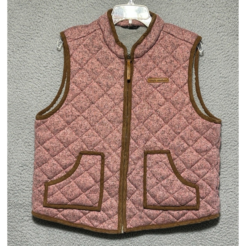 Simply Southern Womens Full Zip Herringbone Vest Quilted Sherpa Lined XL Pink